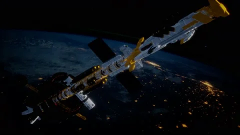 Big spaceship on the Earth orbit. elements furnished by nasa Stock Footage 128124322