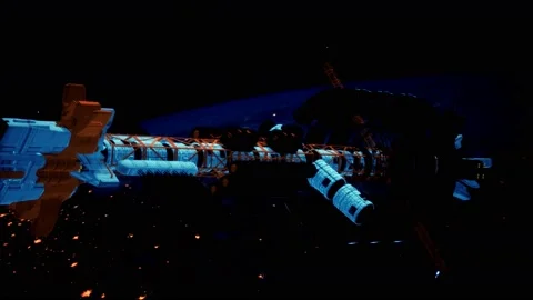 Big spaceship on the Earth orbit. elements furnished by nasa Stock Footage 128570260