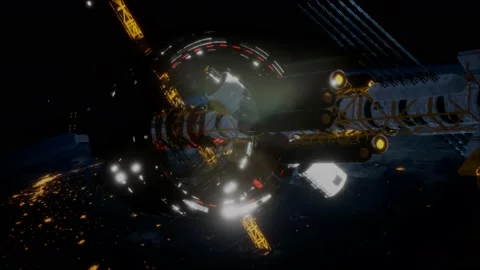 Big spaceship on the Earth orbit. elements furnished by nasa Stock Footage 130142529