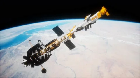 Big spaceship on the Earth orbit. elements furnished by nasa Stock Footage 130642458
