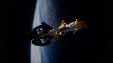Big spaceship on the Earth orbit. elements furnished by nasa Stock Footage 131608456