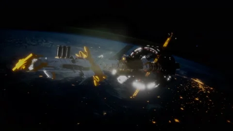 Big spaceship on the Earth orbit. elements furnished by nasa Stock Footage 138084598