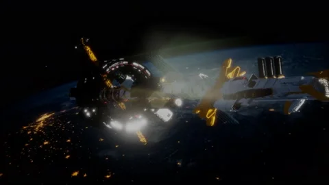 Big spaceship on the Earth orbit. elements furnished by nasa Stock Footage 139812444