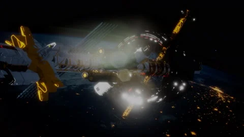 Big spaceship on the Earth orbit. elements furnished by nasa Stock Footage 140011214