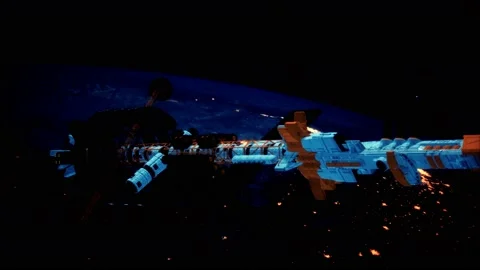 Big spaceship on the Earth orbit. elements furnished by nasa Stock Footage 140484093