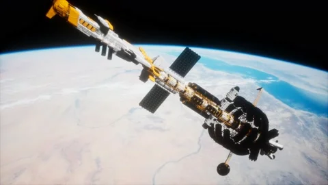 Big spaceship on the Earth orbit. elements furnished by nasa Stock Footage 142086865