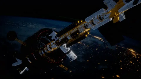 Big spaceship on the Earth orbit. elements furnished by nasa Stock Footage 142550587