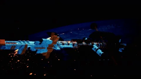 Big spaceship on the Earth orbit. elements furnished by nasa Stock Footage 142719884