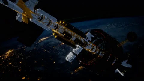Big spaceship on the Earth orbit. elements furnished by nasa Vidéo 143398314