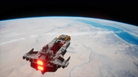 Big spaceship on the Earth orbit. elements furnished by nasa Vídeo Stock 144423303