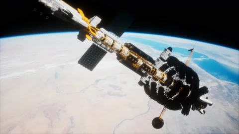 Big spaceship on the Earth orbit. elements furnished by nasa Vídeo Stock 145207689