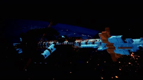 Big spaceship on the Earth orbit. elements furnished by nasa Vídeo Stock 145637364