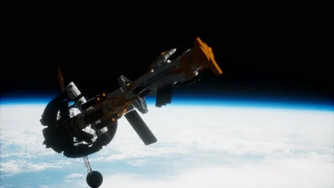 Big spaceship on the Earth orbit. elements furnished by nasa Stock-Footage 162535534