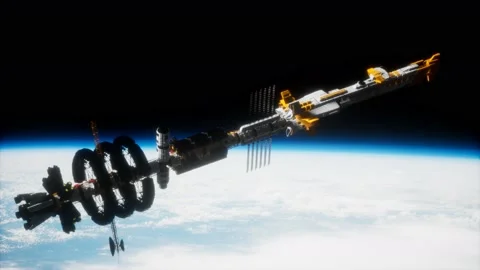 Big spaceship on the Earth orbit. elements furnished by nasa Vídeo Stock 164325382