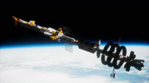 Big spaceship on the Earth orbit. elements furnished by nasa 動画素材 173845145