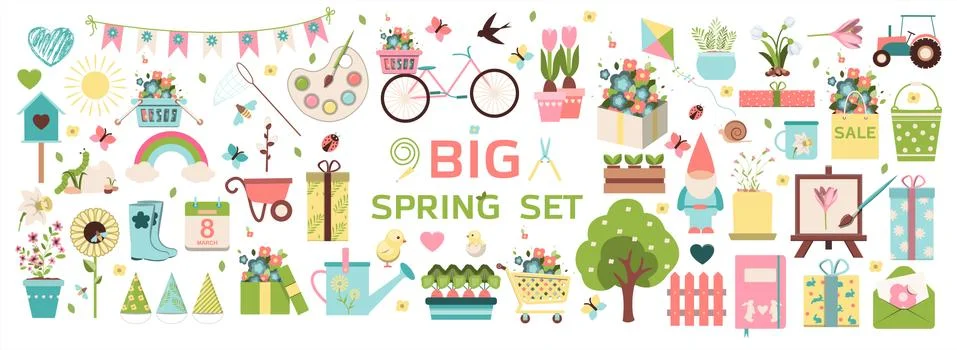 Big spring set. Vector garden tools, flowers. Flat design. Cute icons for a Stock Illustration
