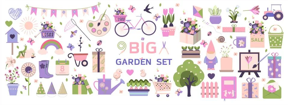 Big spring set. Vector garden tools, flowers. Flat design. Cute icons for a Stock Illustration