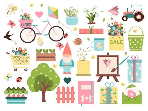 Big spring set. Vector garden tools, flowers. Flat design. Cute icons for a Stock Illustration
