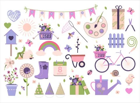 Big spring set. Vector garden tools, flowers. Flat design. Cute icons for a Stock Illustration