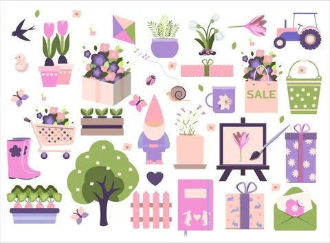 Big spring set. Vector garden tools, flowers. Flat design. Cute icons for a Stock Illustration