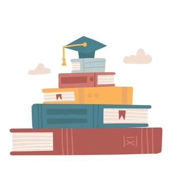 Big stack of books with graduation cap. Graduation and education concept. Vector Illustrazione stock