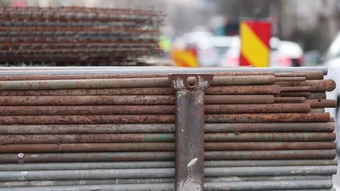 Big stack of iron bars used in road construction and tram rail reconstruction Stock-Footage 267266078