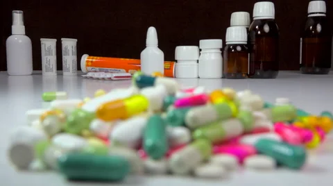Big stack of medicine, pills, tablets + flasks, bottles and tubes - focus change Stock Footage 59874282