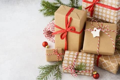 Big stack of wrapped Christmas gift boxes, toys and decoration. Stock Photos