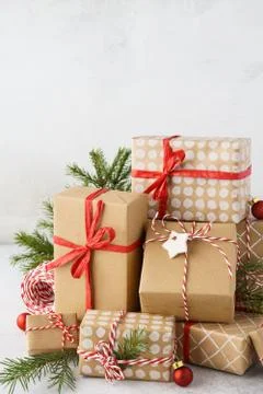 Big stack of wrapped Christmas gift boxes, toys and decoration. Stock Photos
