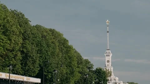 Big star on the spire of the building Stock Footage 243420979