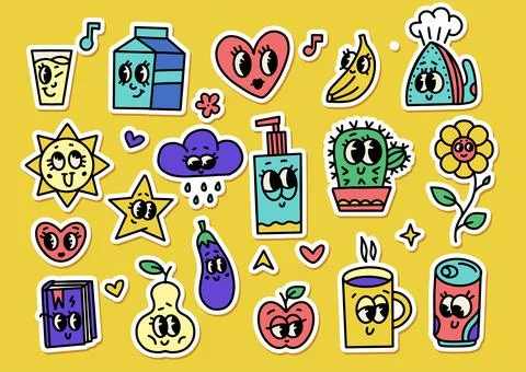 Big sticker pack of retro funny cartoon characters with big eyes. Vector Stock Illustration