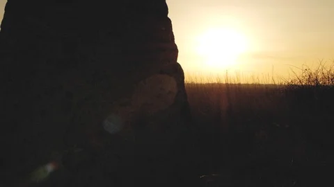Big stone cross in a field at sunset in the rays of the sun Stock Footage 103568565