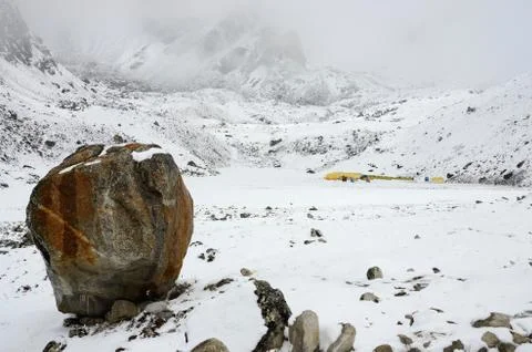 Big stone - final path sign on South Everest Base Camp trek,Himalayas,Nepal Stock Photos