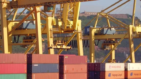 Big straddle carriers unloading container cargo freight ship In Barcellona Stock Footage 91070721