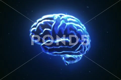 Big strong brain pulsing in blue 3d illustration Stock Illustration