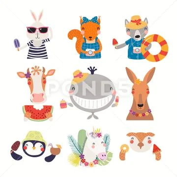 Big summer set with cute animals Stock Illustration