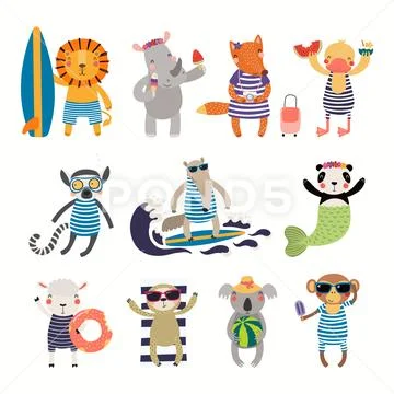 Big summer set with cute animals Stock Illustration