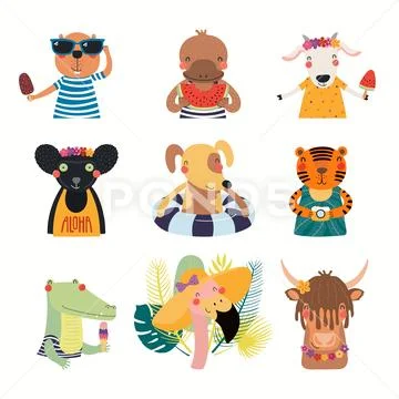 Big summer set with cute animals Stock Illustration