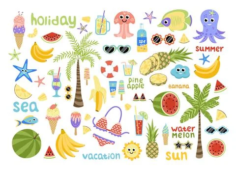 Big summer set with cute beach elements, fruits, ice cream, cocktail. Flat Stock Illustration