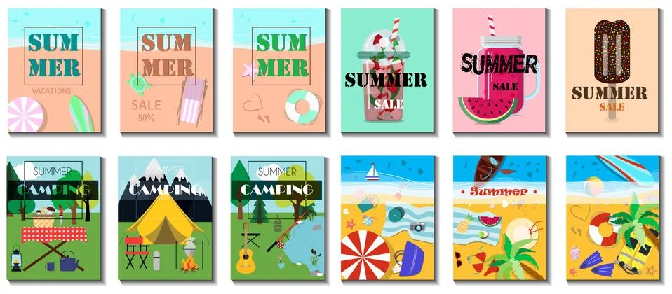 Big summer set. Flat vector illustration of a summer sale of goods. Advertising Stock Illustration