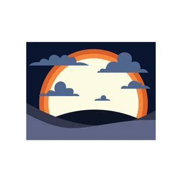 Big sun setting behind hills and clouds in a colorful sky Illustrazione stock