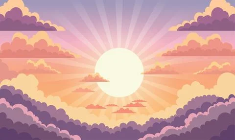Big Sun Sunburst Sunlight with Clouds View in Beautiful Majestic Sky at Sun.. Stock Illustration