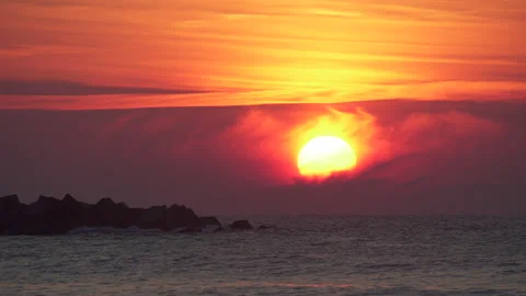 Big sun sunset, red sky in Basque Country Video stock 152638264