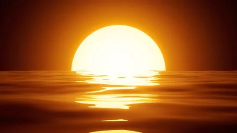 Big sun at sunset. Reflection of Sun light in waves of water surface. 3D rend Foto stock
