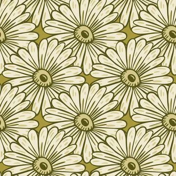 Big sunflowers contoured elements seamless bloom pattern. Green and grey tone Stock Illustration