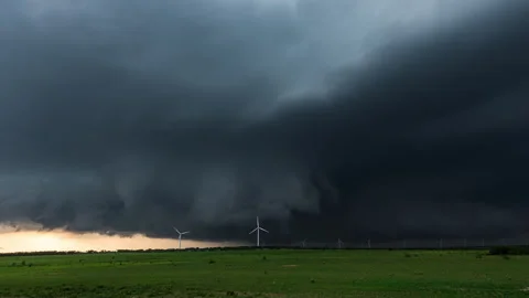 Big Supercell Thunderstorm hitting Wind Turbines in Central Texas Time Lapse Stock Footage 244821765