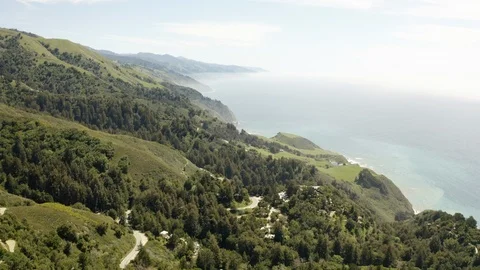 Big Sur Forest alongside Pacific Ocean Coastline Aerial Drone Shot Stock Footage 125921624