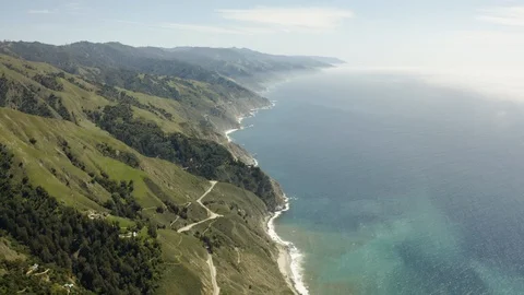 Big Sur Forest alongside Pacific Ocean Coastline Aerial Drone shot Stock Footage 125922026