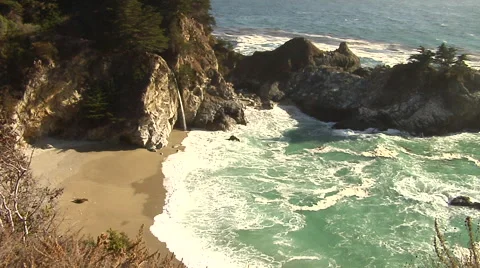 Big Sur Ocean beach and Waterfall California Stock Footage 41380622