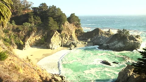 Big Sur Ocean beach and Waterfall Zoom in Stock Footage 41380628